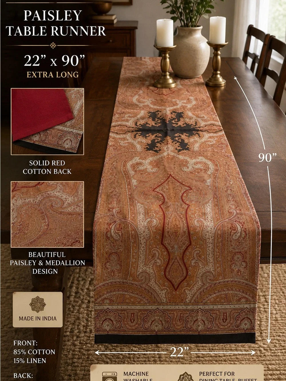 Pottery Barn Paisley Table Runner 22x90 Cotton Linen Red Black